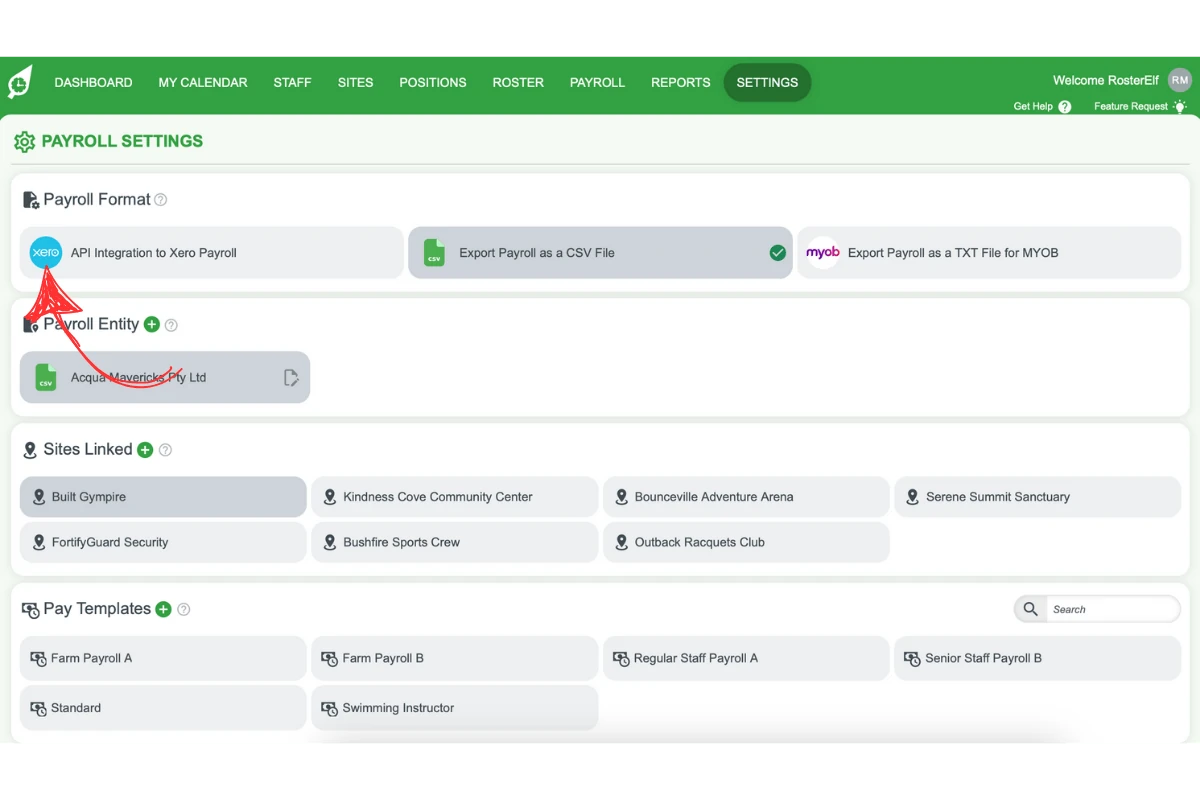 API Connection to Xero option in RosterElf Payroll Settings