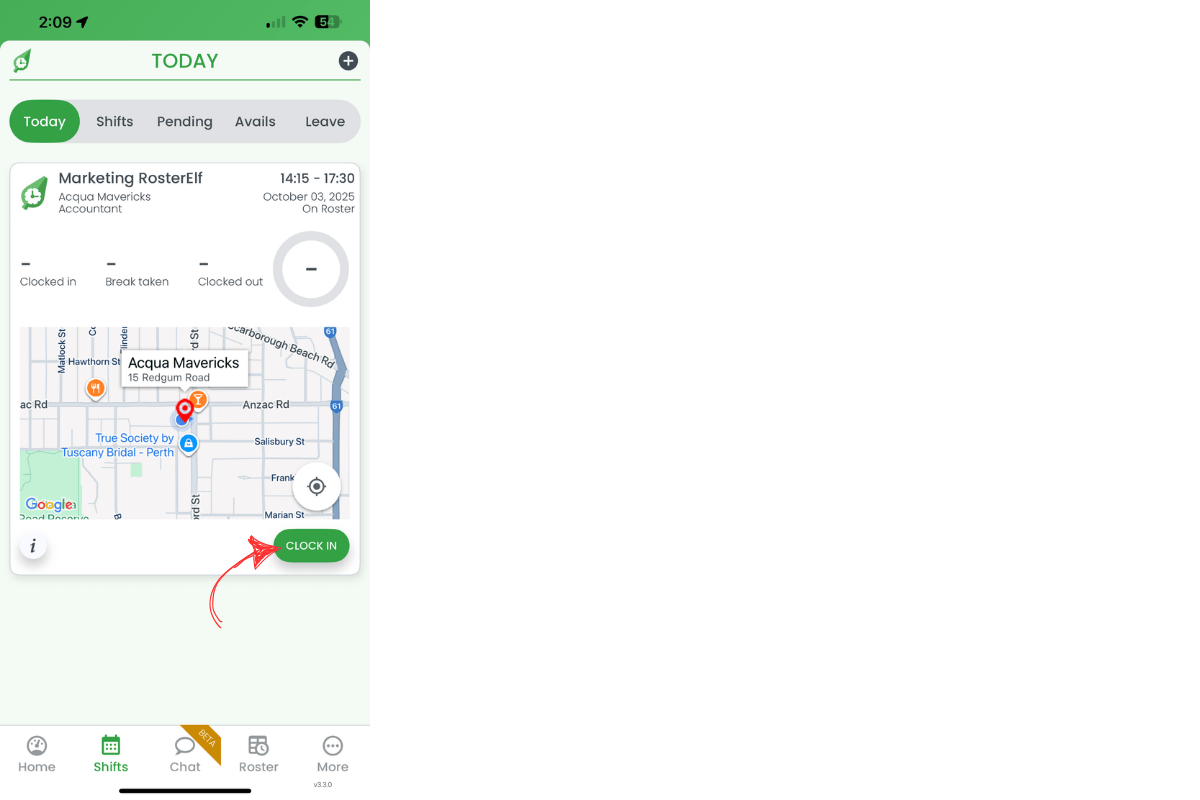 Clock in button on shift card