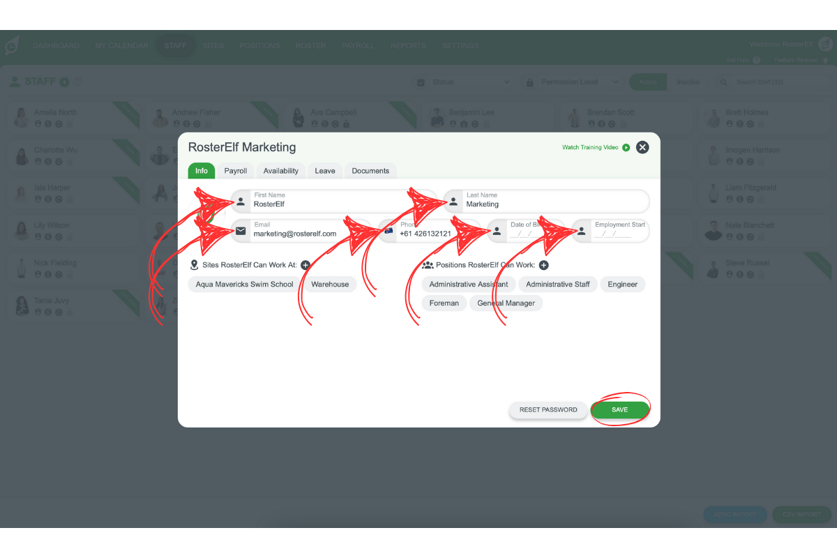 Editing owner's details in the staff card