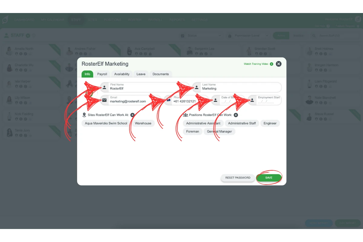 Editing owner's details in the staff card