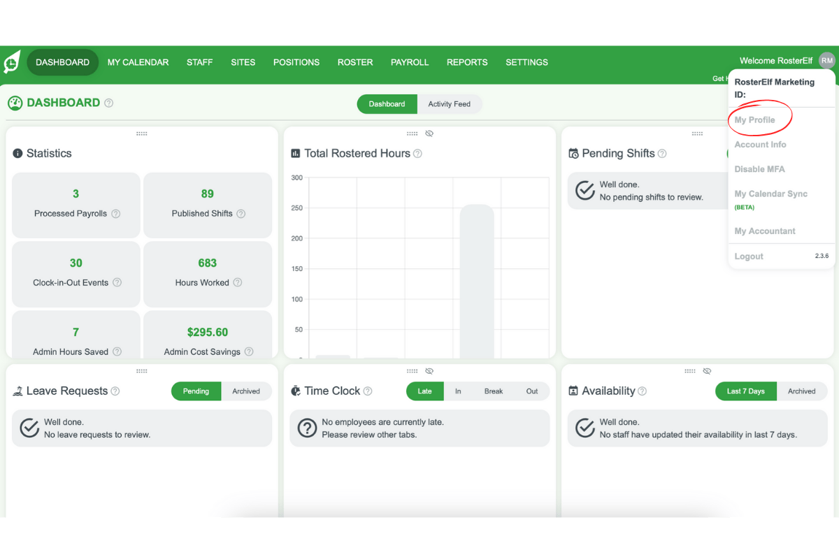 Dropdown menu showing Account Info option