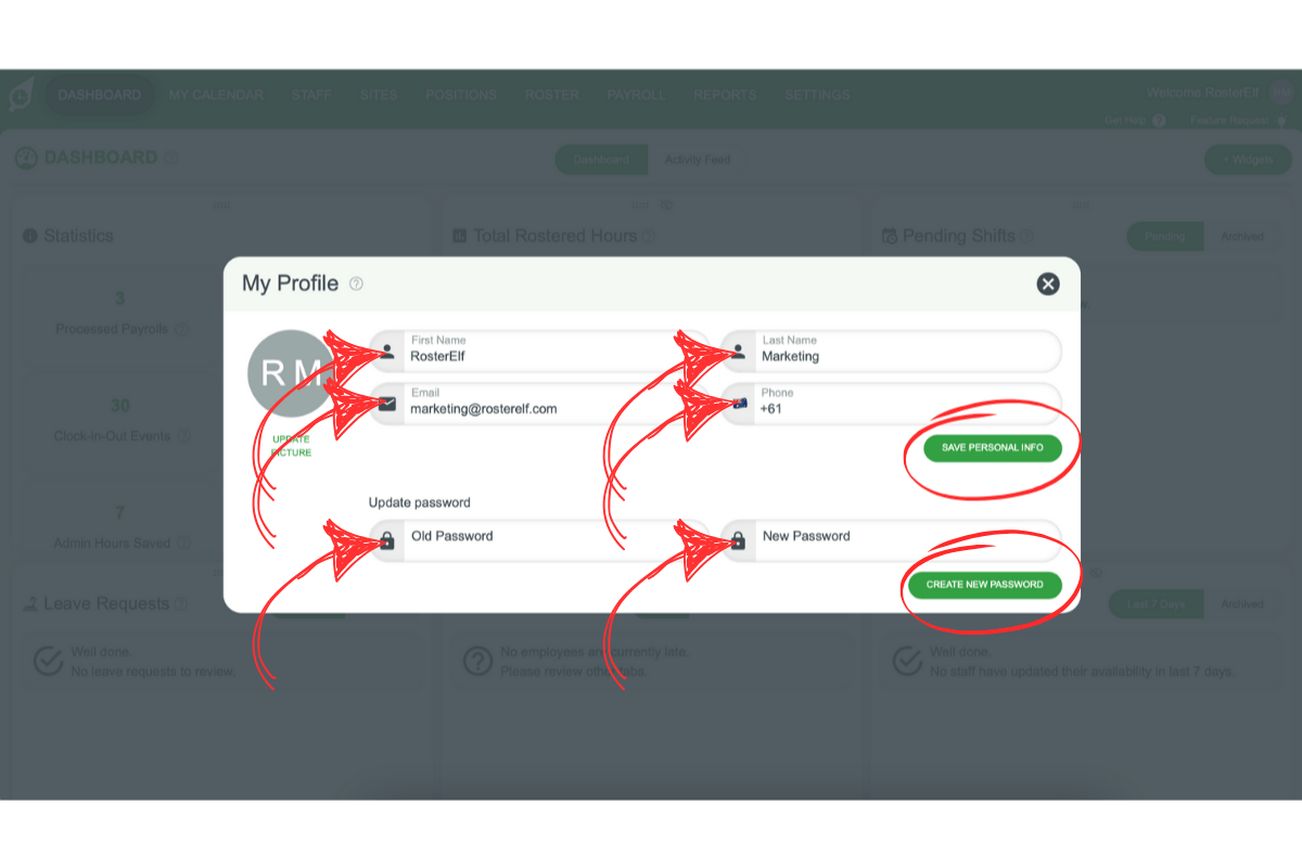 Editing account information in RosterElf