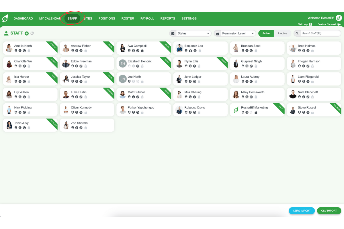 RosterElf staff tab in the top navigation bar