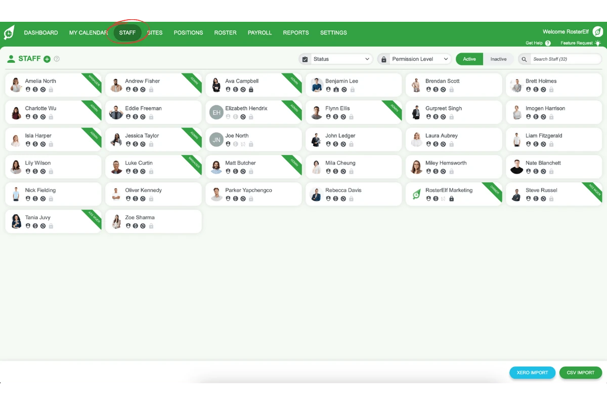 RosterElf staff tab in the top navigation bar