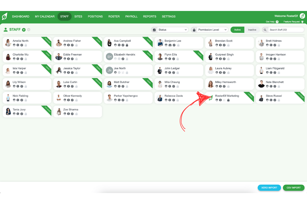 Staff card selection in RosterElf