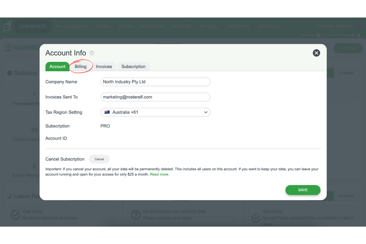 Billing tab in RosterElf