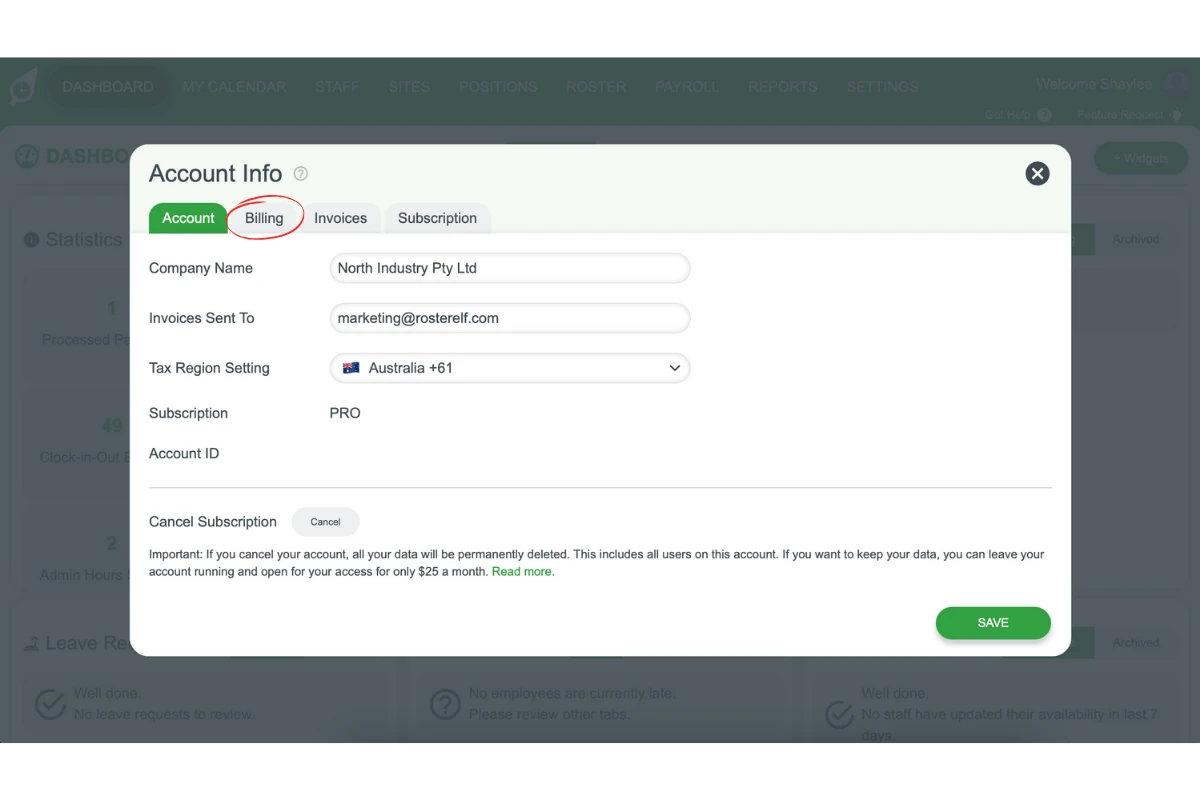Billing tab in RosterElf
