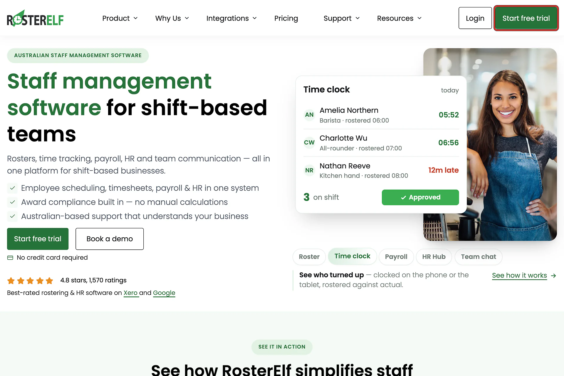RosterElf home page with the Start free trial button outlined in the top-right.