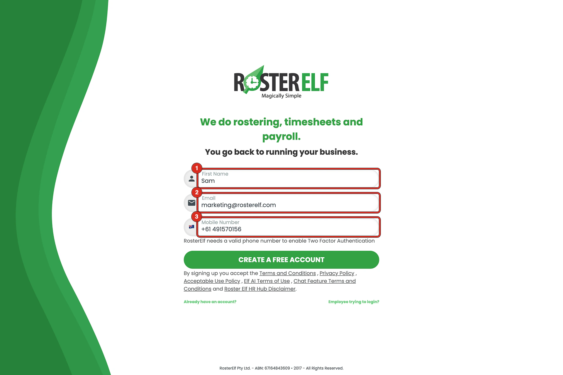 RosterElf registration form with the First Name, Email and Mobile Number fields marked 1, 2 and 3.