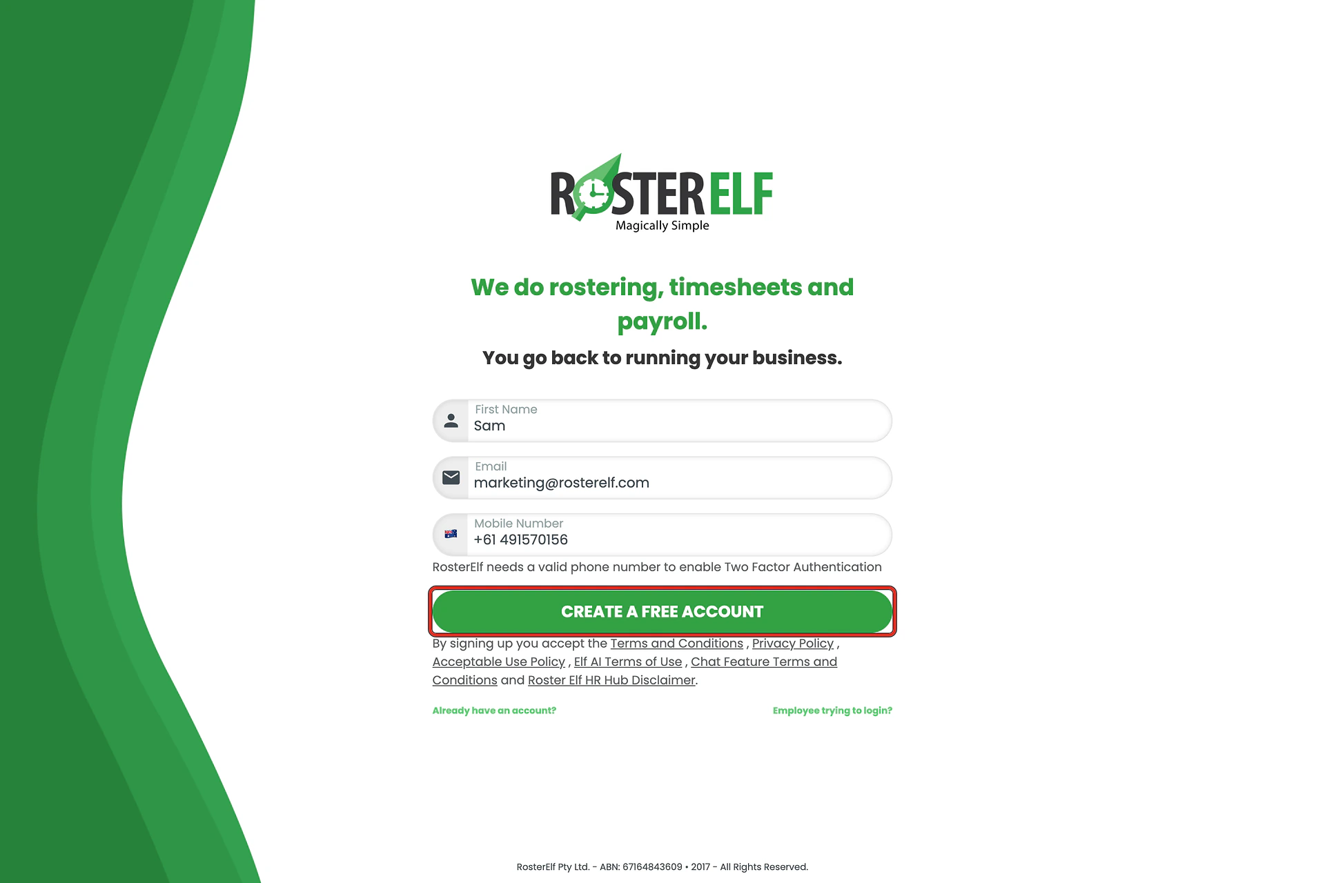 RosterElf registration form with the CREATE A FREE ACCOUNT button outlined.
