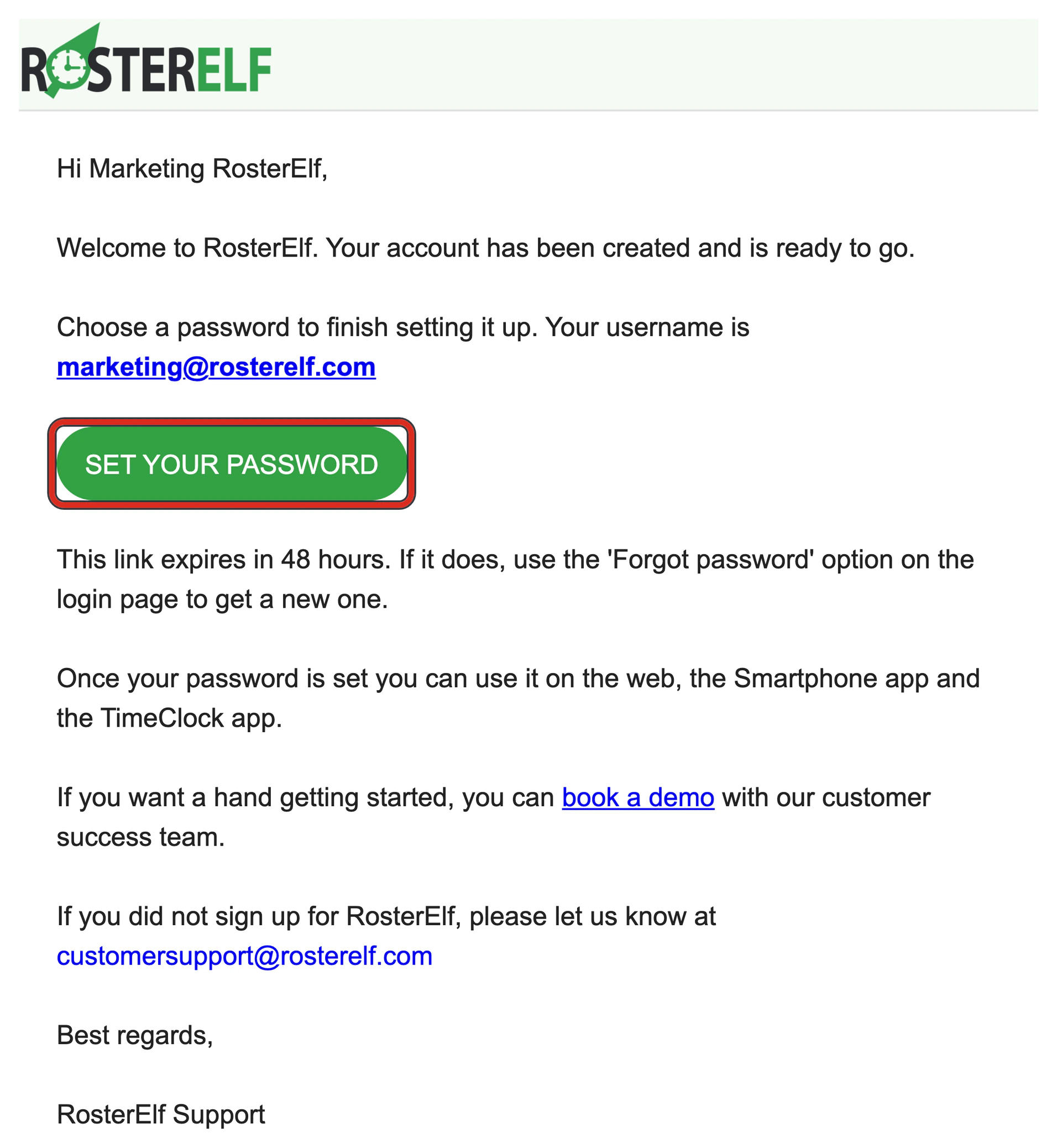 The RosterElf welcome email, with the SET YOUR PASSWORD button outlined.