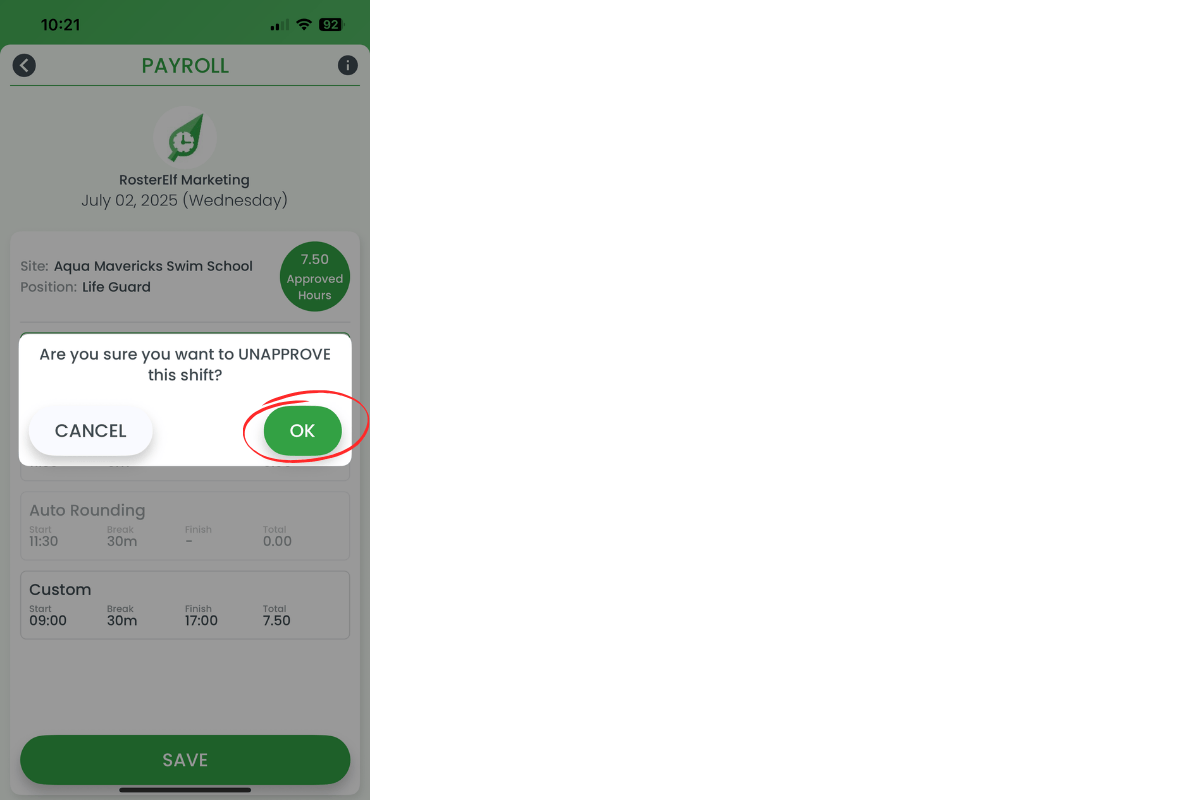 Confirmation dialog to unapprove shift
