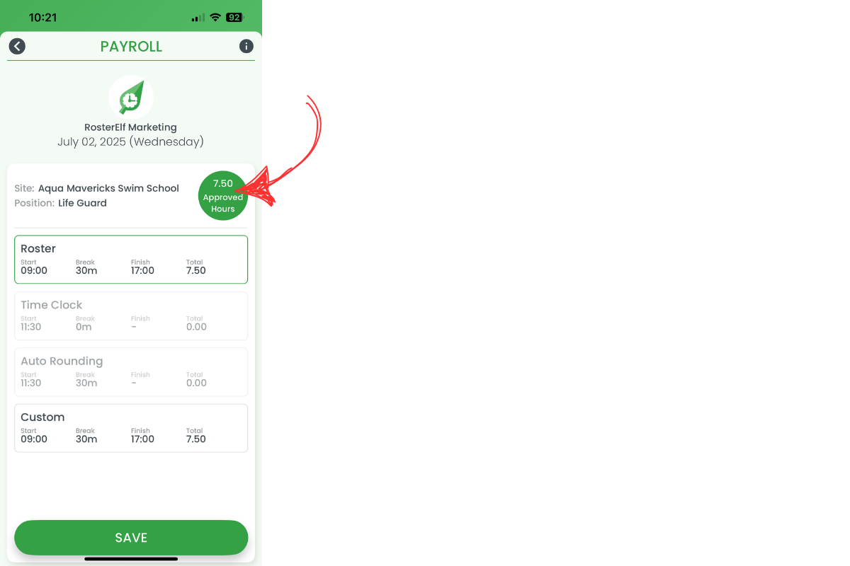Approved circle at top right of shift
