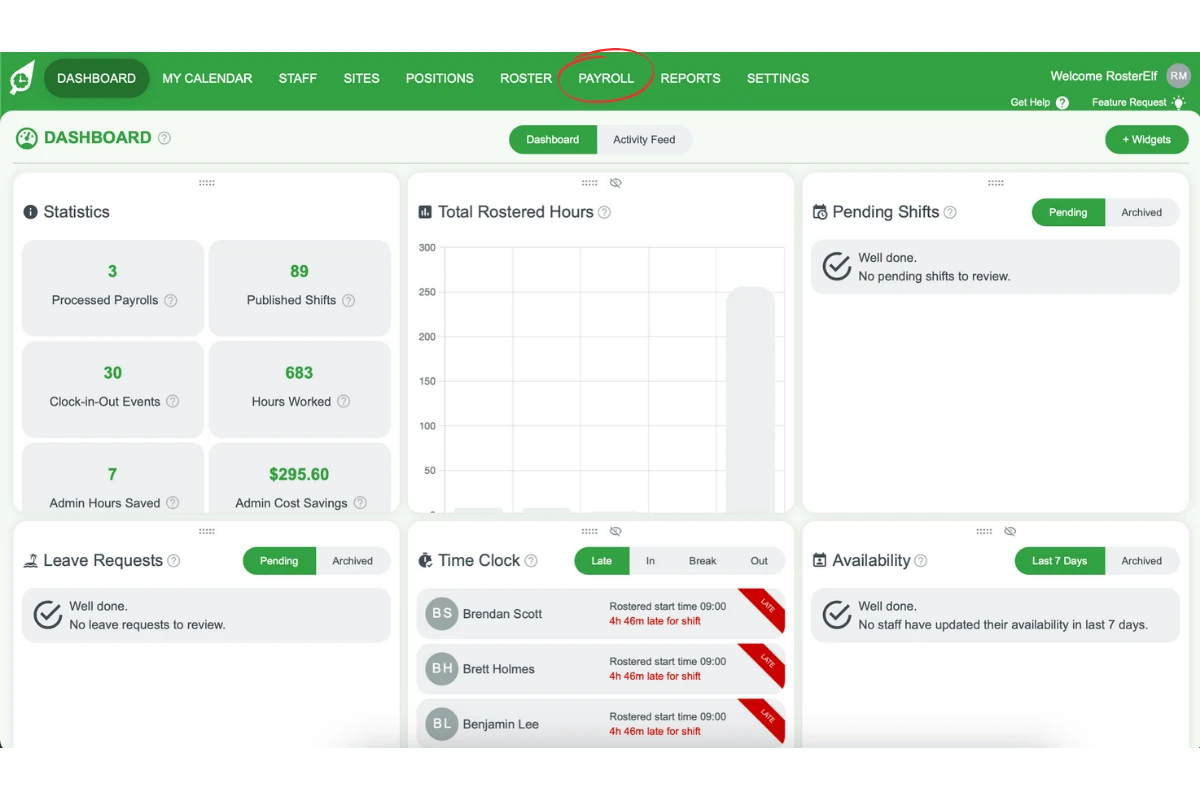 Screenshot showing the Payroll option in the top menu