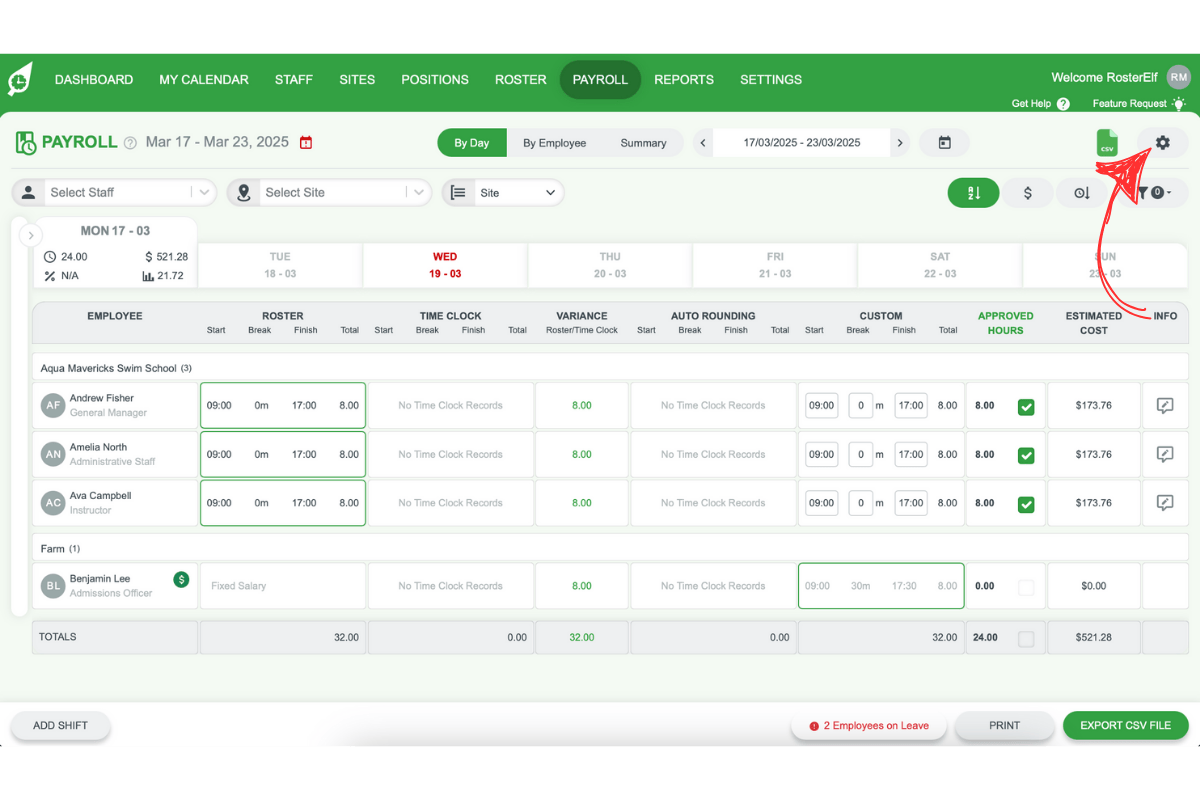 Screenshot highlighting the settings icon in the payroll section