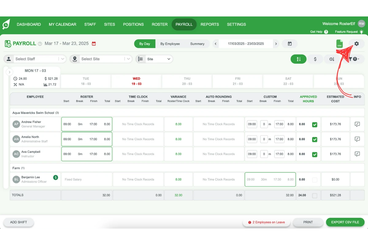 Screenshot highlighting the settings icon in the payroll section