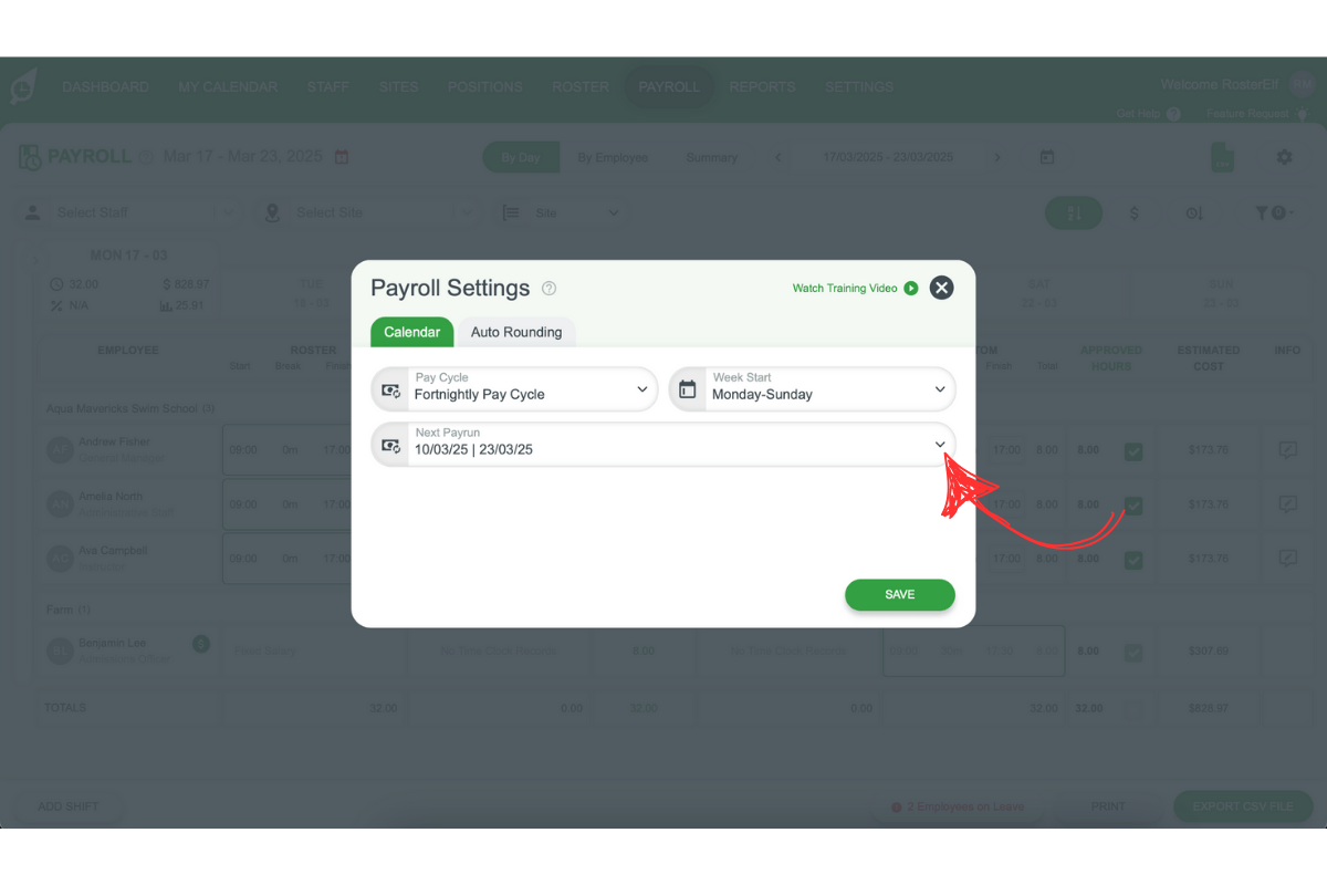 Screenshot highlighting the Next Payrun selection for a fortnightly cycle