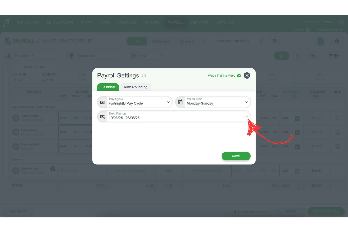 Screenshot highlighting the Next Payrun selection for a fortnightly cycle