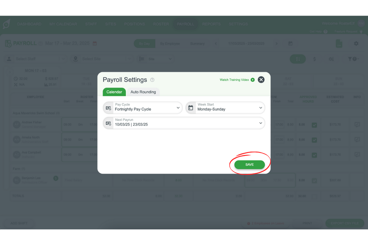 Screenshot showing the Save button for applying changes to the pay cycle and week start
