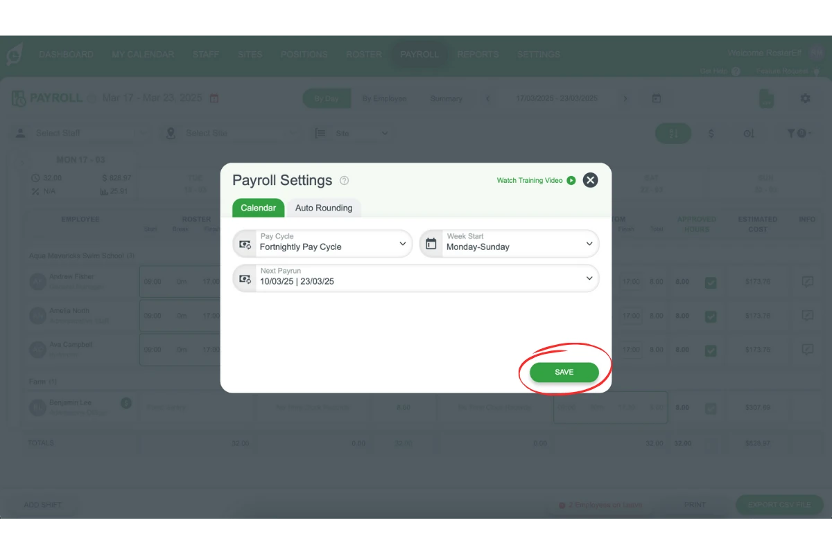 Screenshot showing the Save button for applying changes to the pay cycle and week start