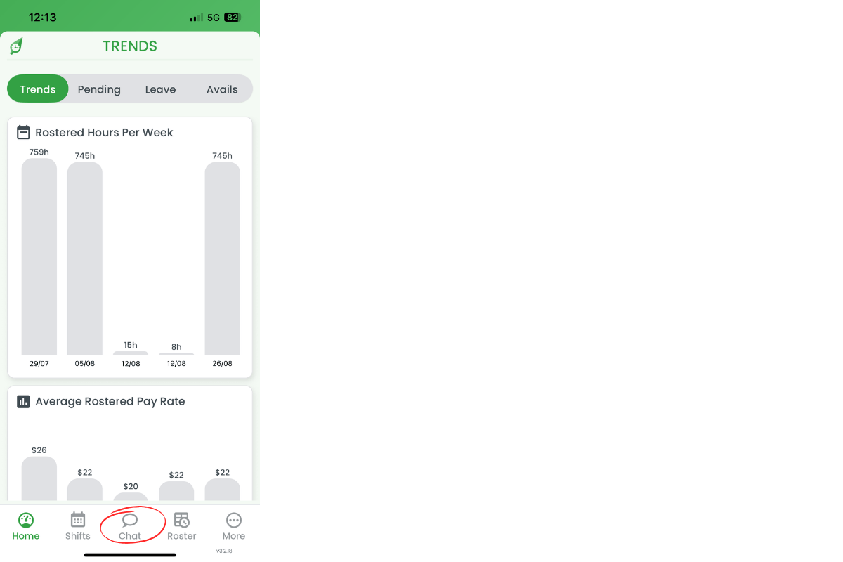 Mobile app navigation with chat icon highlighted