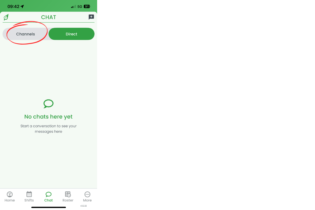 Mobile chat screen showing Channels tab