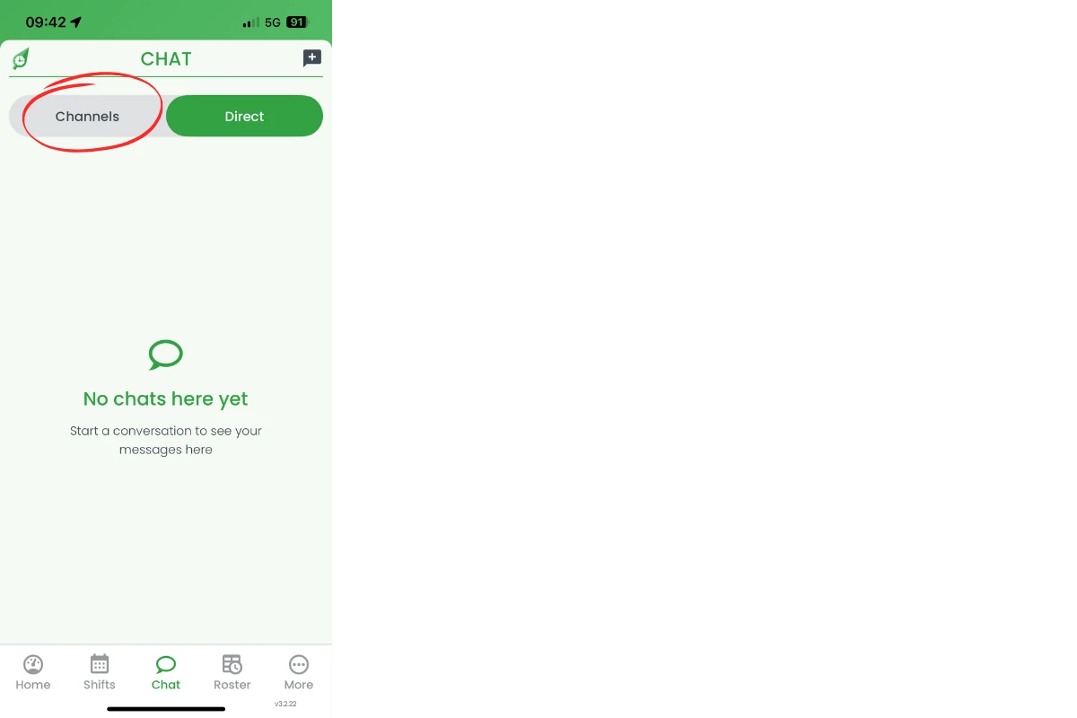 Mobile chat screen showing Channels tab