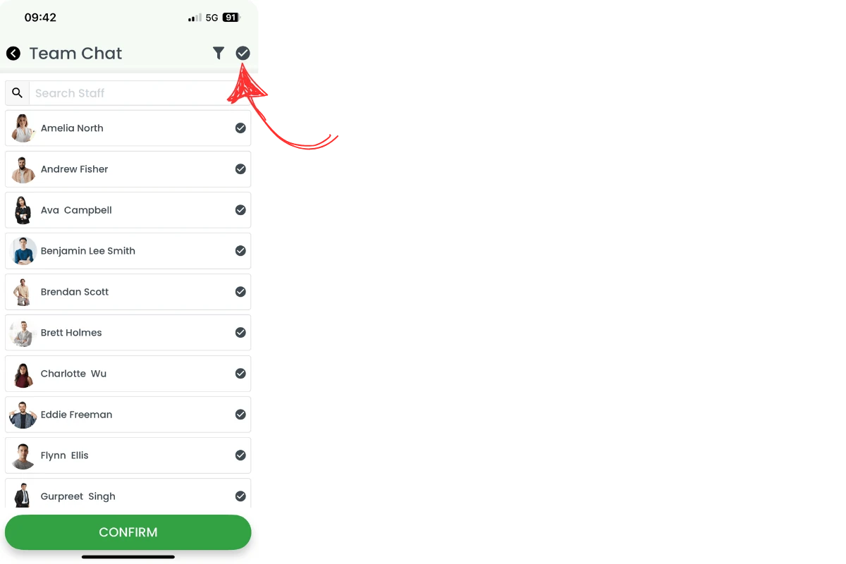 Staff list with circle icon to select all