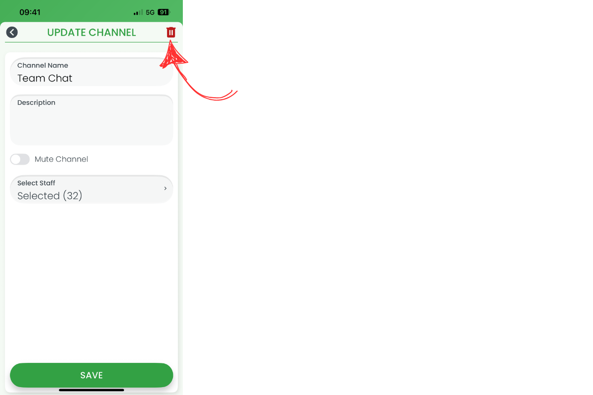 Channel settings with Delete bin icon