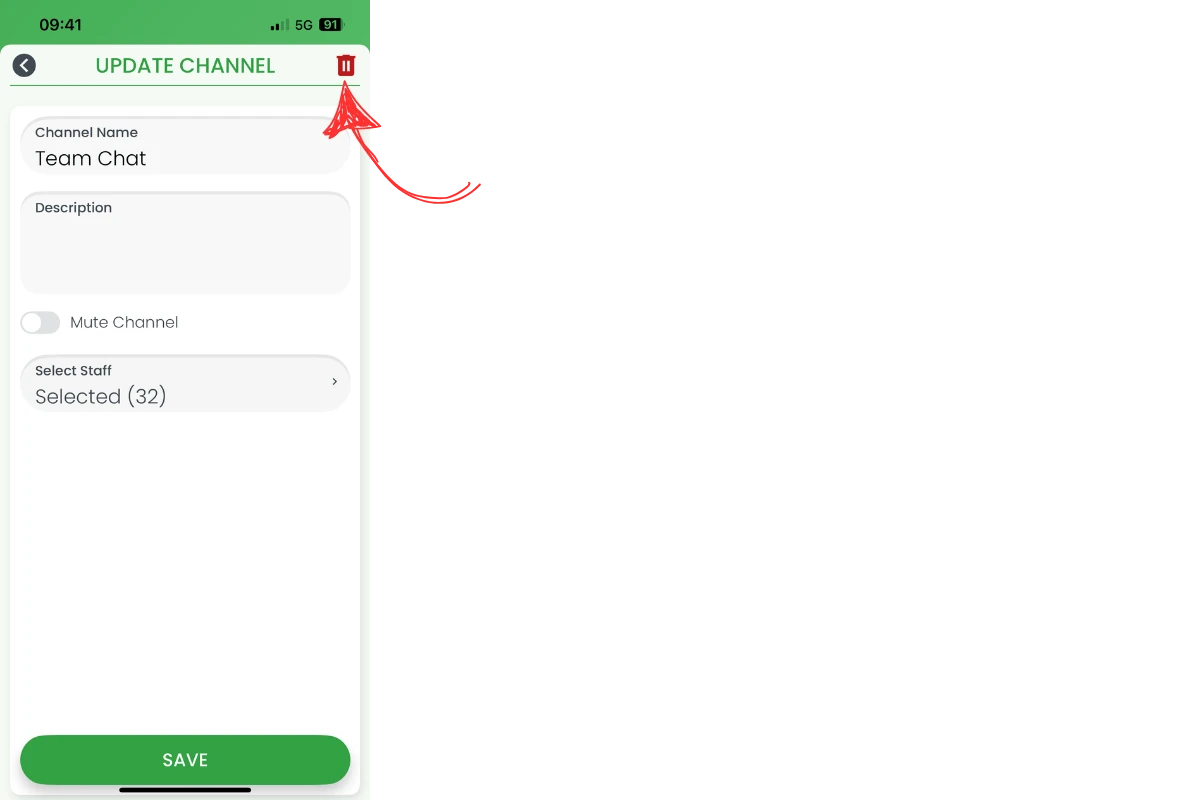 Channel settings with Delete bin icon