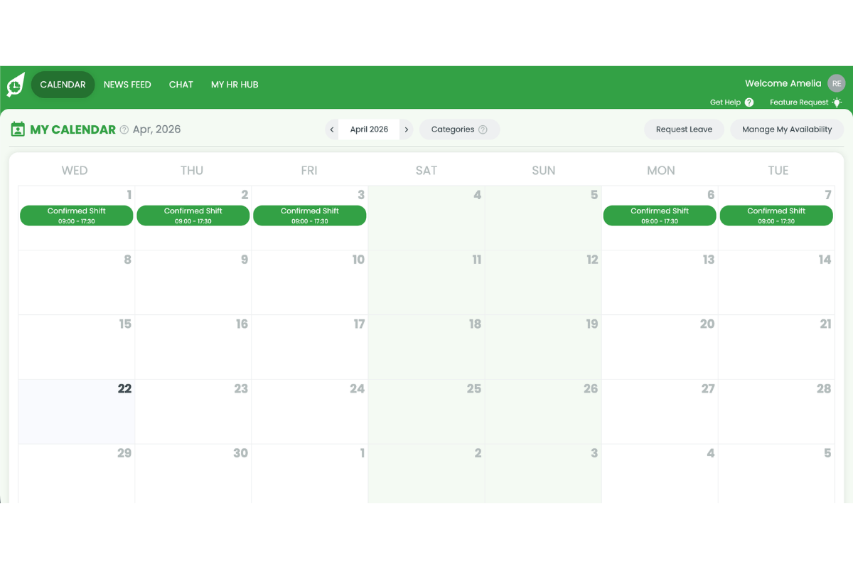RosterElf web app showing the My Calendar dashboard after logging in
