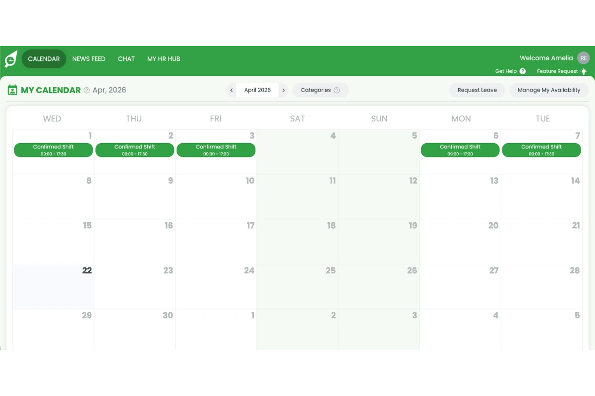 RosterElf web app showing the My Calendar dashboard after logging in