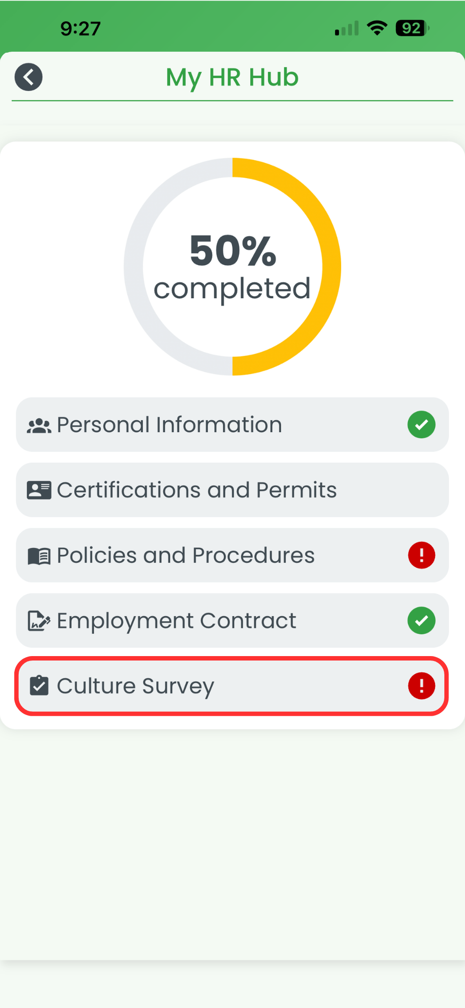 My HR Hub screen in the RosterElf smartphone app showing HR onboarding sections with the Culture Survey section circled in red
