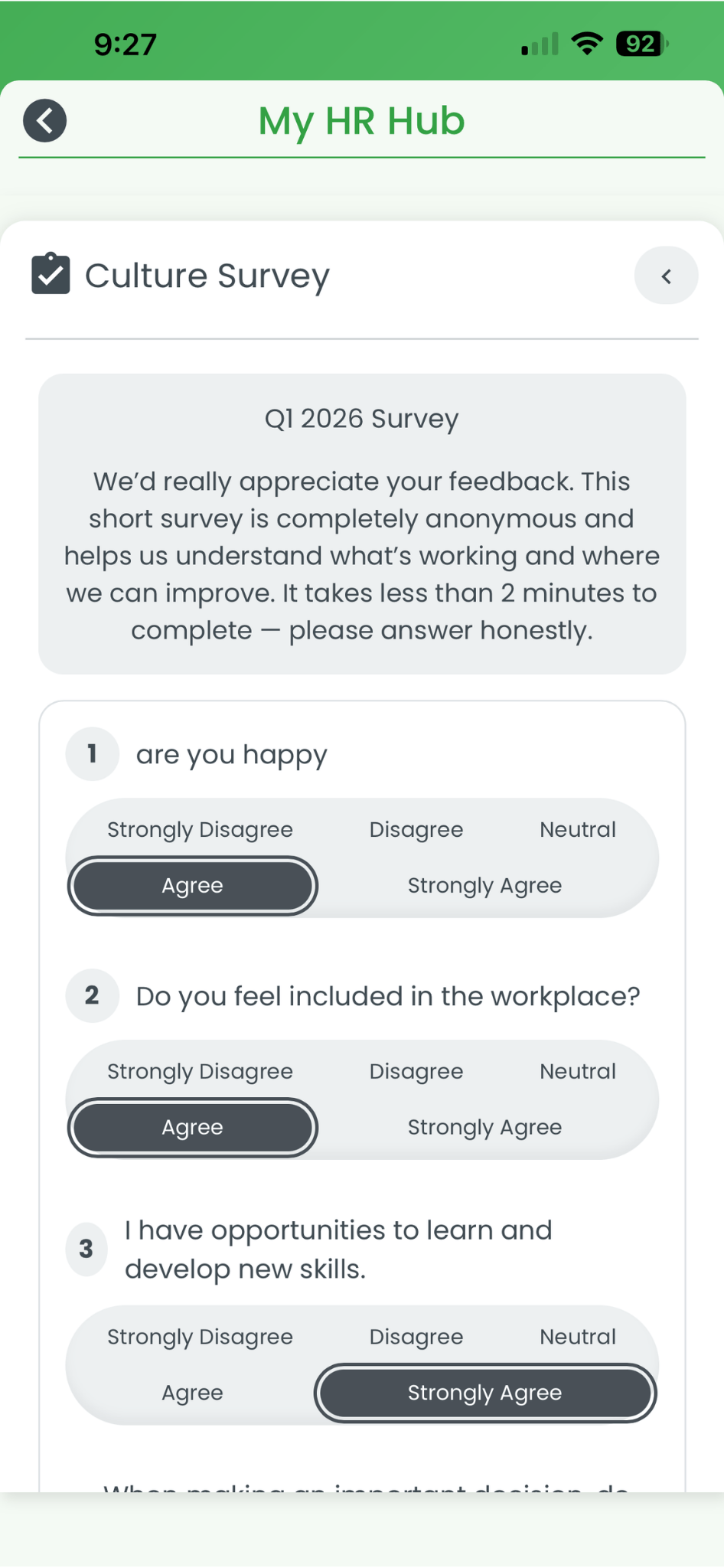 Culture Survey screen in the RosterElf smartphone app showing the survey introduction and multiple choice questions with answer options