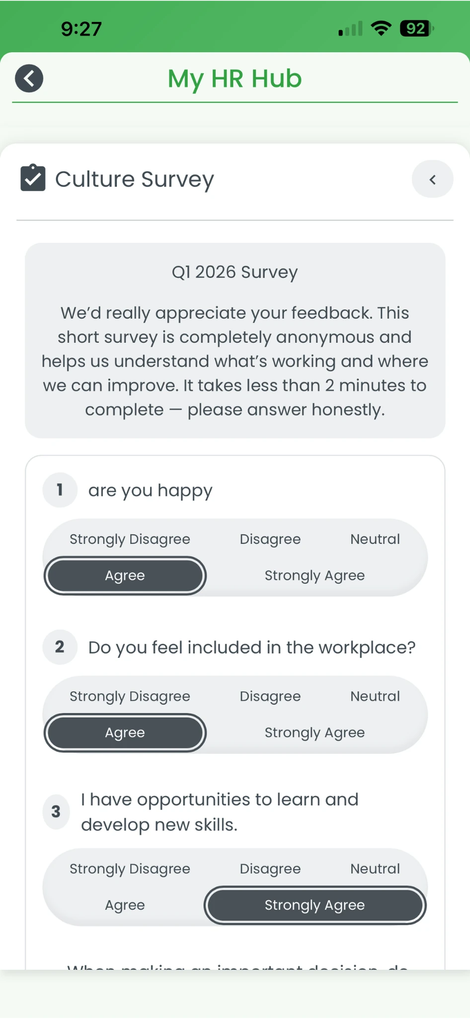 Culture Survey screen in the RosterElf smartphone app showing the survey introduction and multiple choice questions with answer options