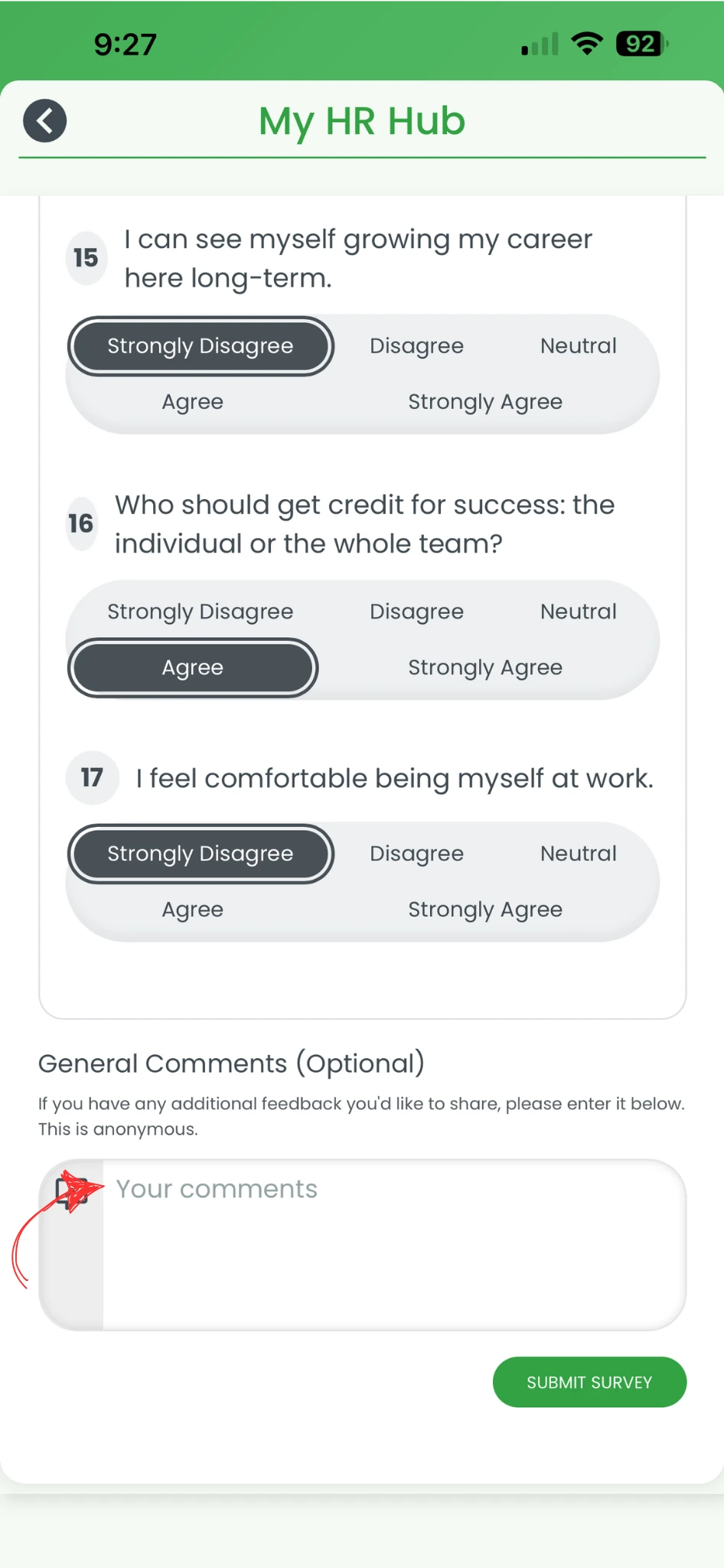 Culture Survey screen in the RosterElf smartphone app showing multiple choice questions and the General Comments optional text field with a red arrow pointing to the comment input area