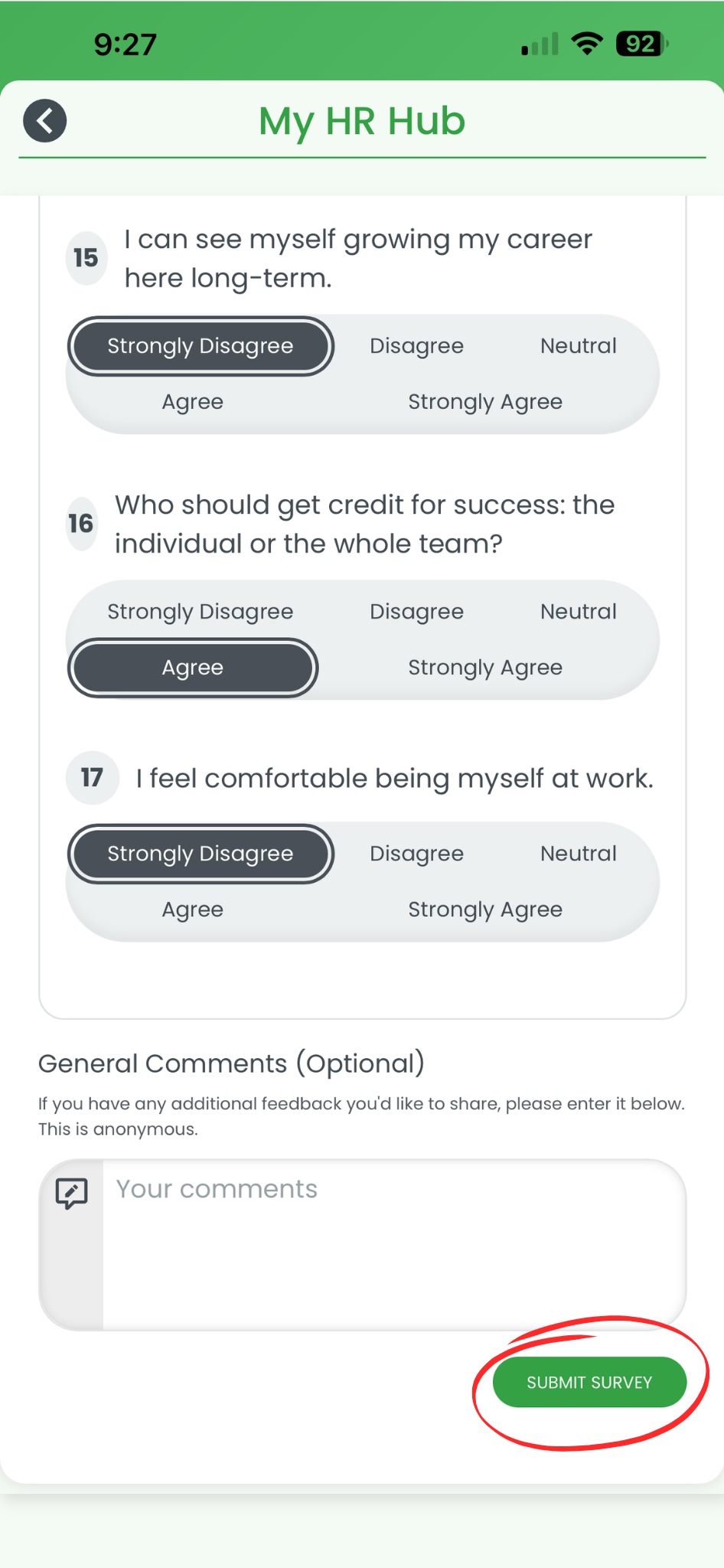 Culture Survey screen in the RosterElf smartphone app showing survey questions and comments field with the Submit Survey button circled in red in the bottom right corner