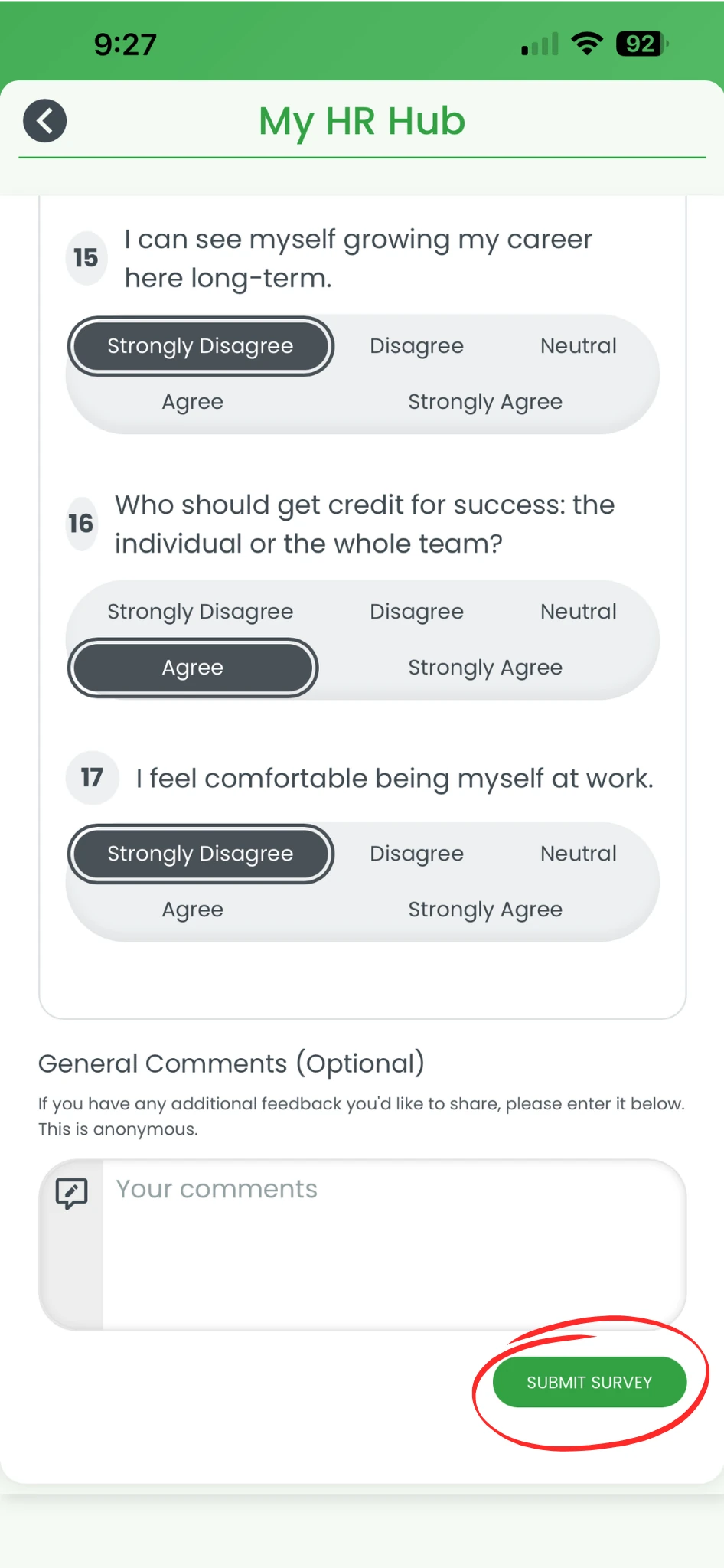 Culture Survey screen in the RosterElf smartphone app showing survey questions and comments field with the Submit Survey button circled in red in the bottom right corner
