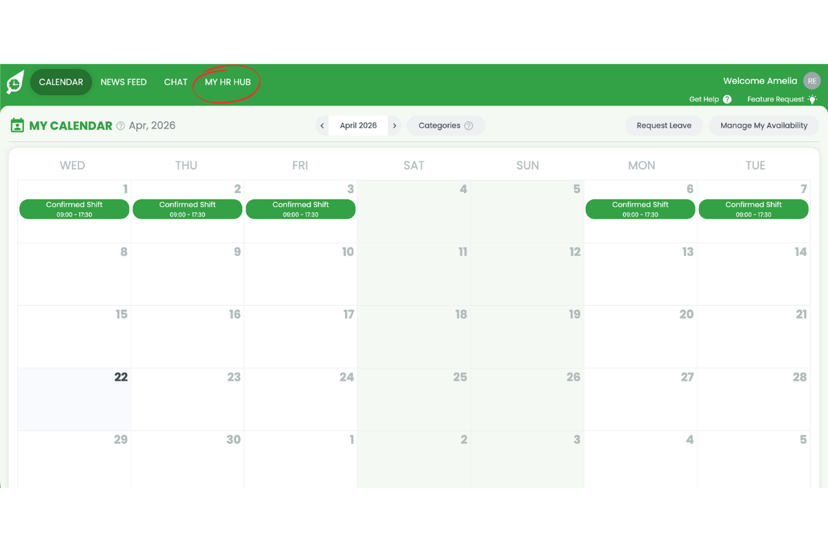 RosterElf web app navigation bar with the My HR Hub link circled in red