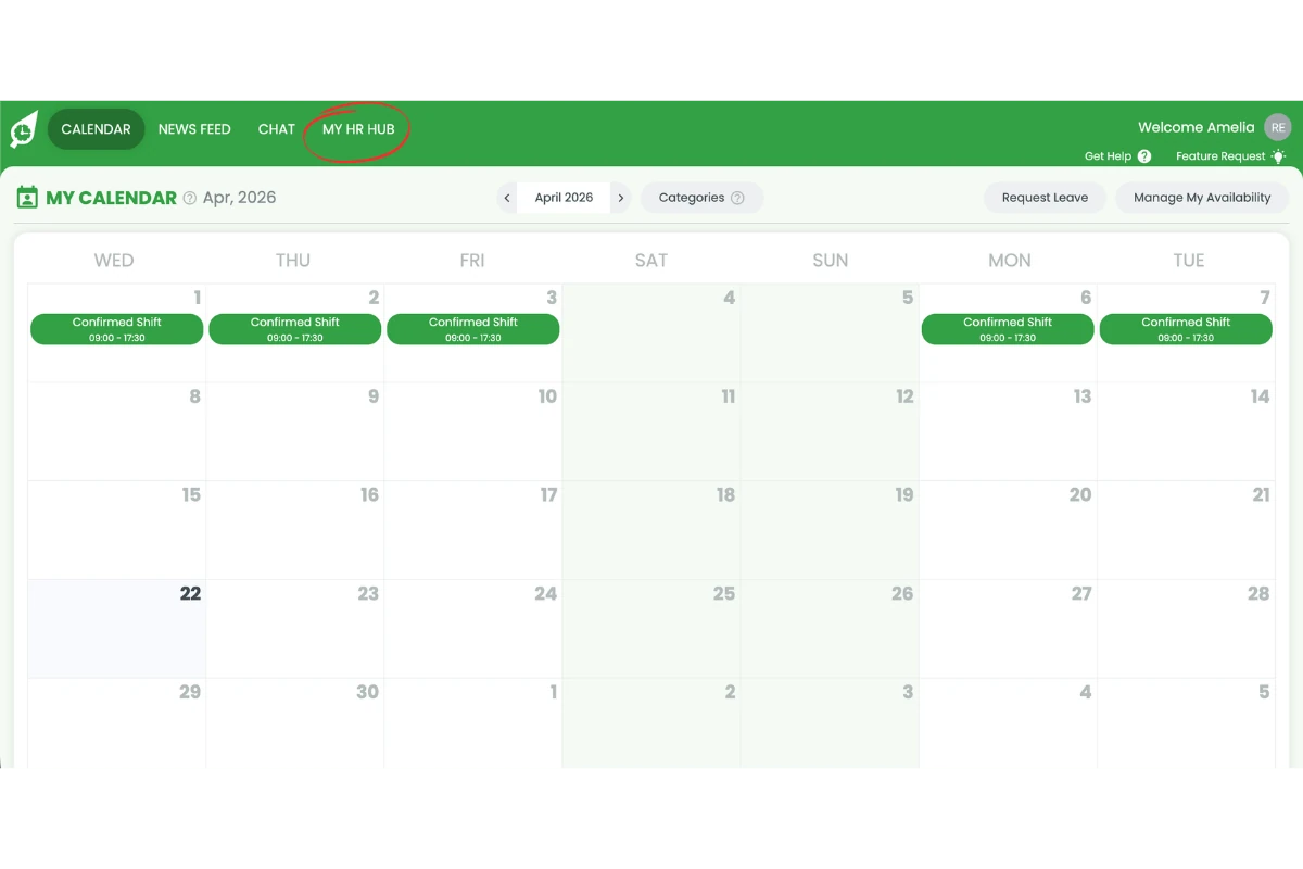 RosterElf web app navigation bar with the My HR Hub link circled in red
