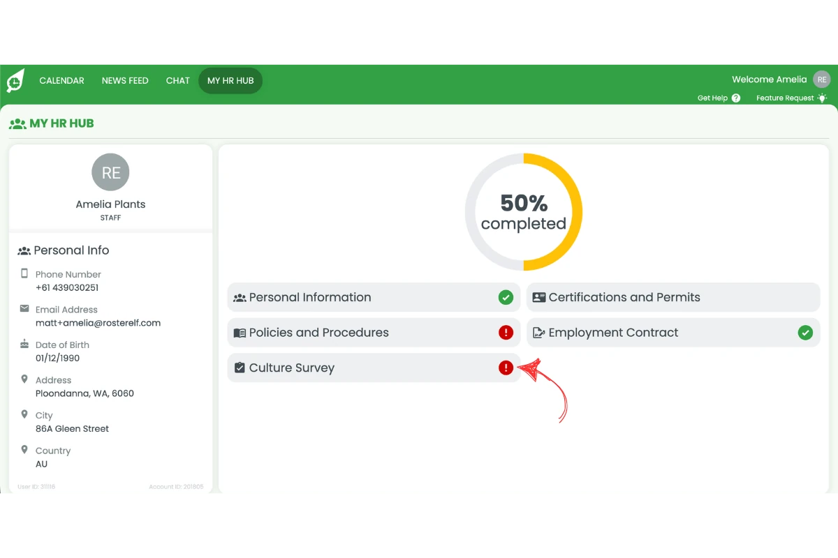 My HR Hub overview page in the web app showing the Culture Survey section highlighted with a red arrow