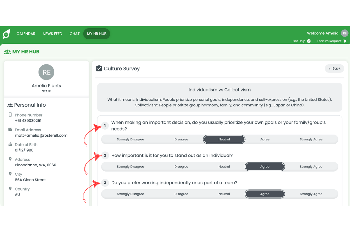 Culture Survey page in the web app showing multiple choice questions with answers selected and red arrows pointing to each question