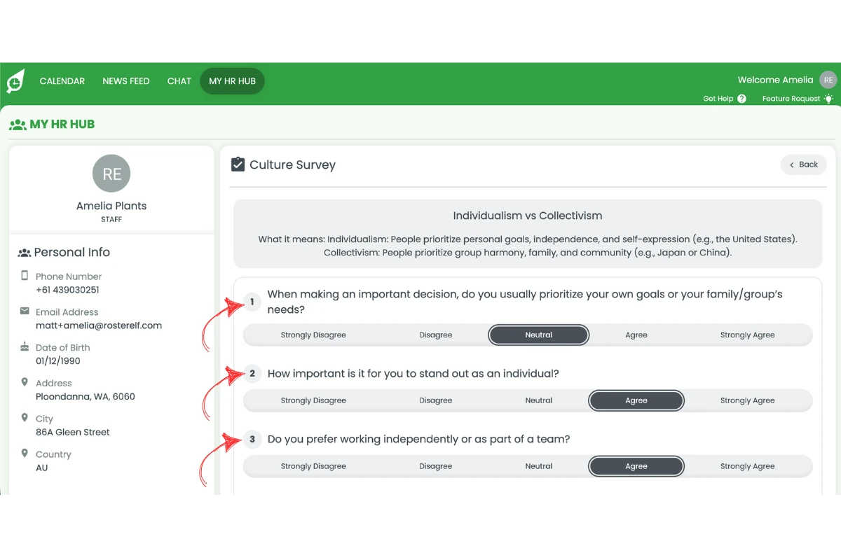 Culture survey questions screen in RosterElf showing multiple choice Likert scale questions