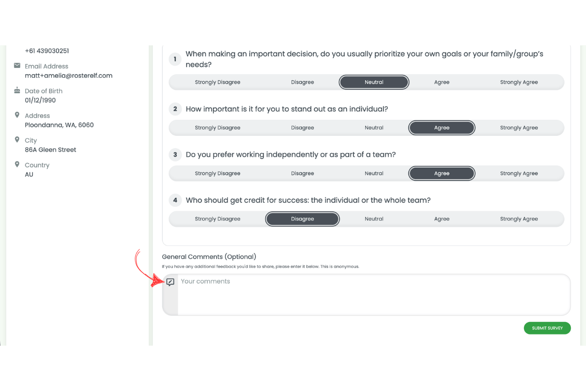 Culture Survey page in the web app showing the General Comments optional text field with a red arrow pointing to the comment input area