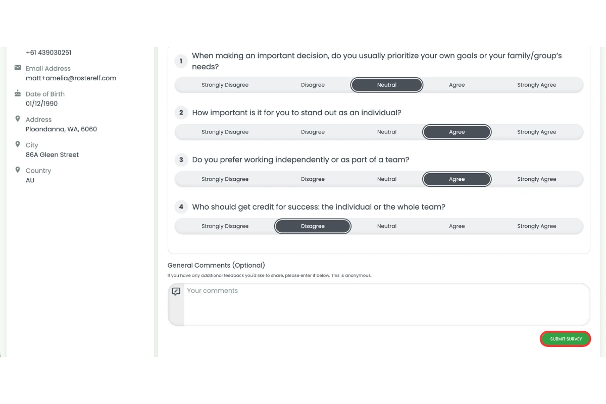 Culture Survey page in the web app showing survey questions and comments field with the Submit Survey button circled in red in the bottom right corner
