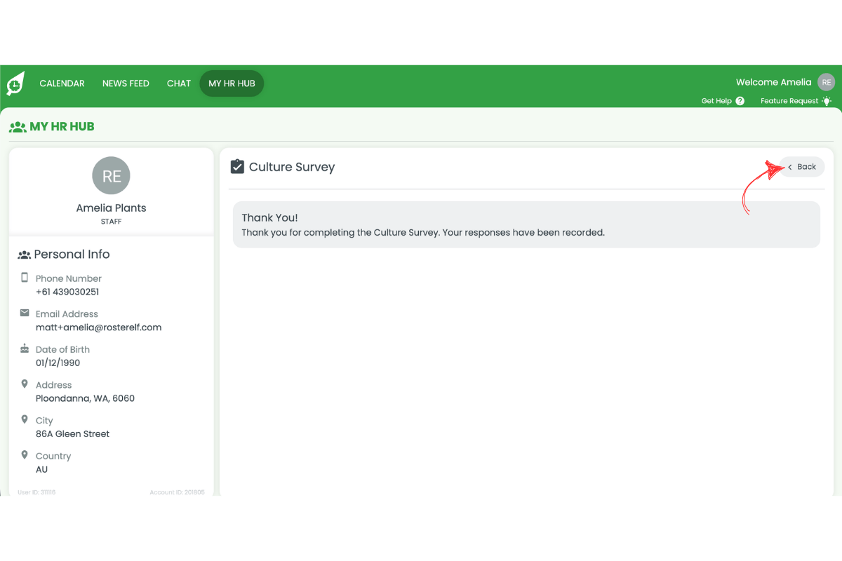 My HR Hub Culture Survey page in the web app showing a Thank You confirmation message with the Back button circled in red in the top right corner