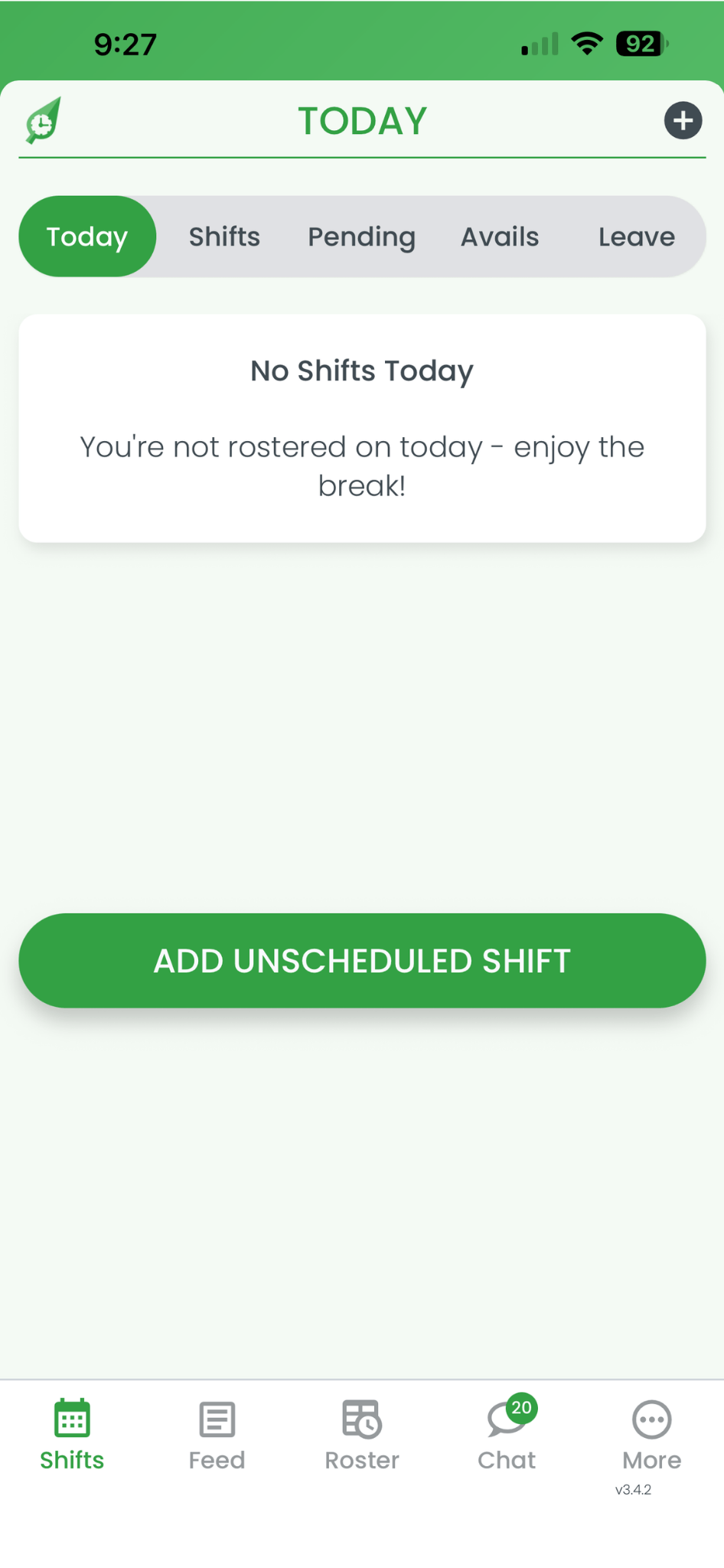 RosterElf smartphone app home screen showing the Today view with the Shifts, Feed, Roster, Chat, and More navigation tabs at the bottom