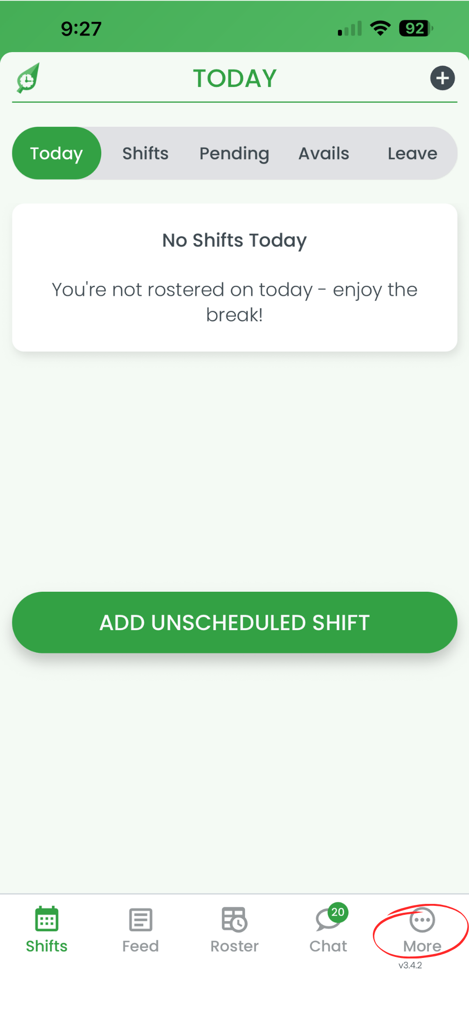RosterElf smartphone app home screen with the More tab circled in red at the bottom navigation bar