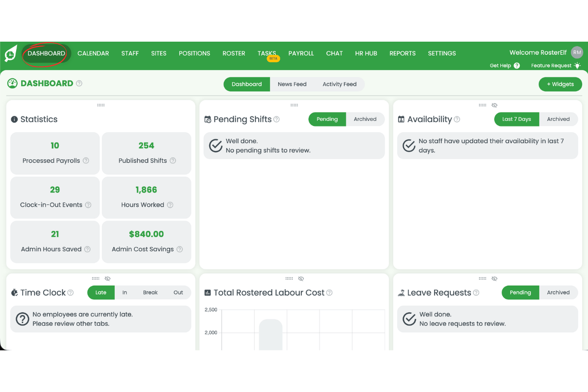 RosterElf dashboard showing the main interface with Dashboard navigation item circled in red