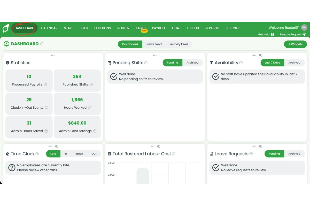 RosterElf dashboard showing the main interface with Dashboard navigation item circled in red